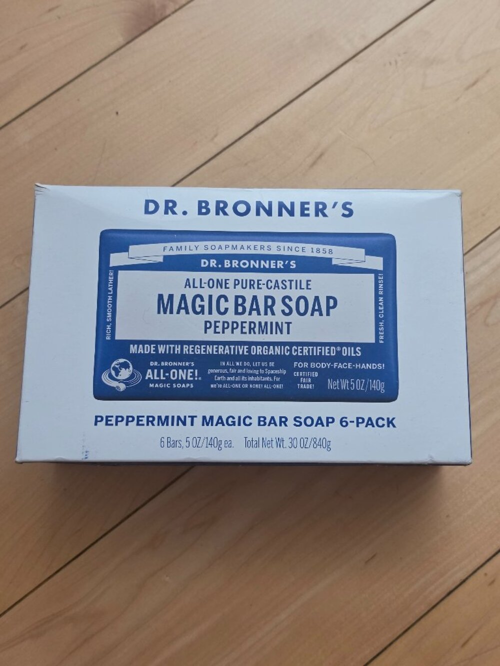 Dr. Bronners Pure Castile Peppermint Magic Bar Soap 6 bars 5 oz each